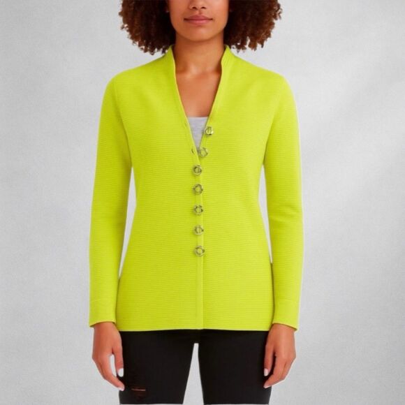 Misook Ribbed Knit Jacket Blazer Womens M Lime Green Long Sleeve Bright - Picture 1 of 7